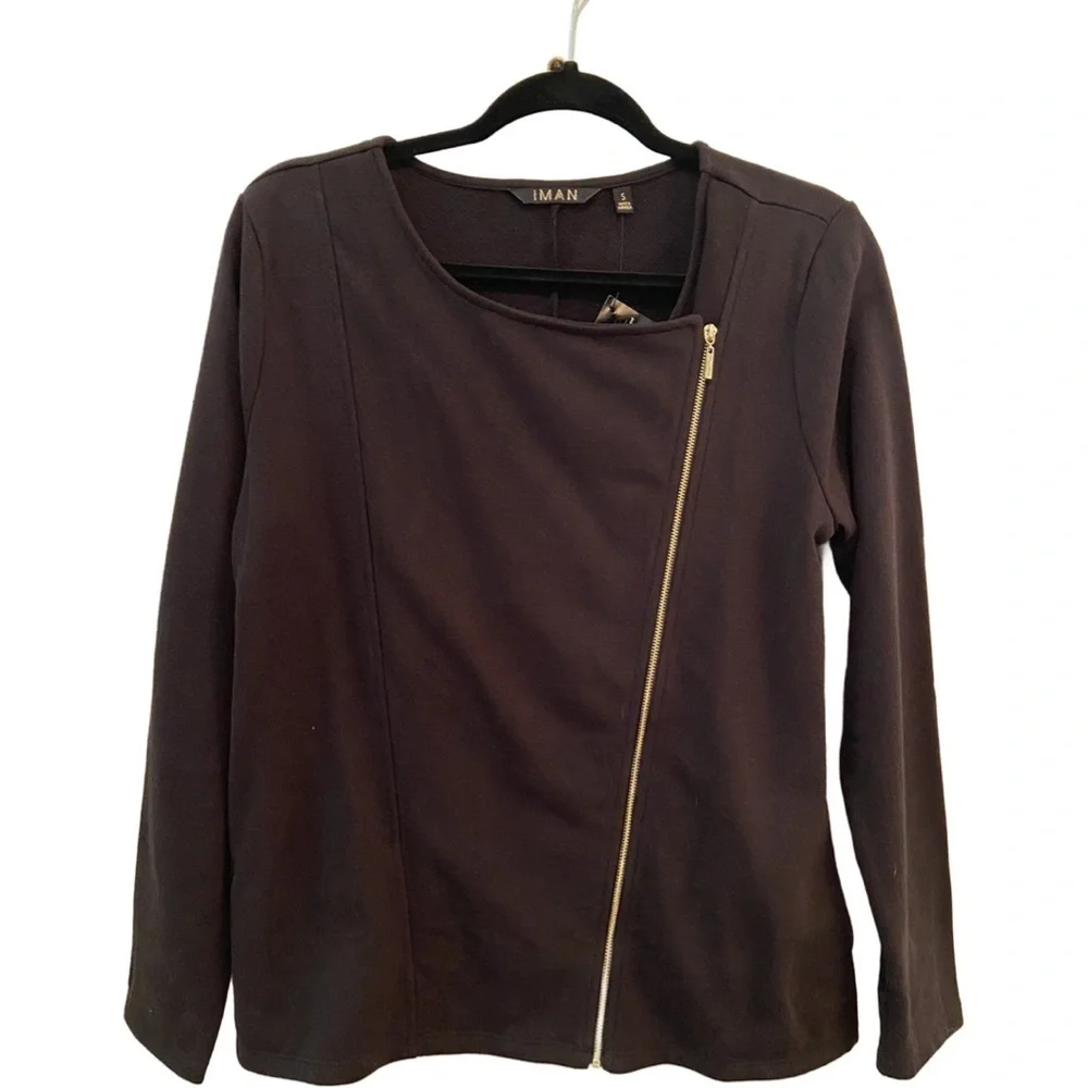 Iman Global Chic Soft French Terry Long Sleeve Moto Jacket Black Size Sm…